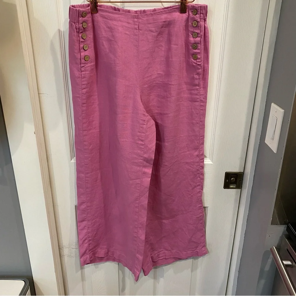 J Jill Two Piece Set Pink Plaid Button Up Top Linen Pull On Wide Leg Pants S